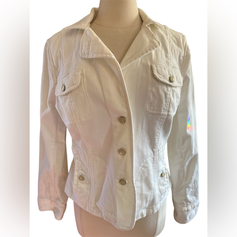 Talbots White Cotton Jean Denim Utility Fitted Jacket with front buttons size 14